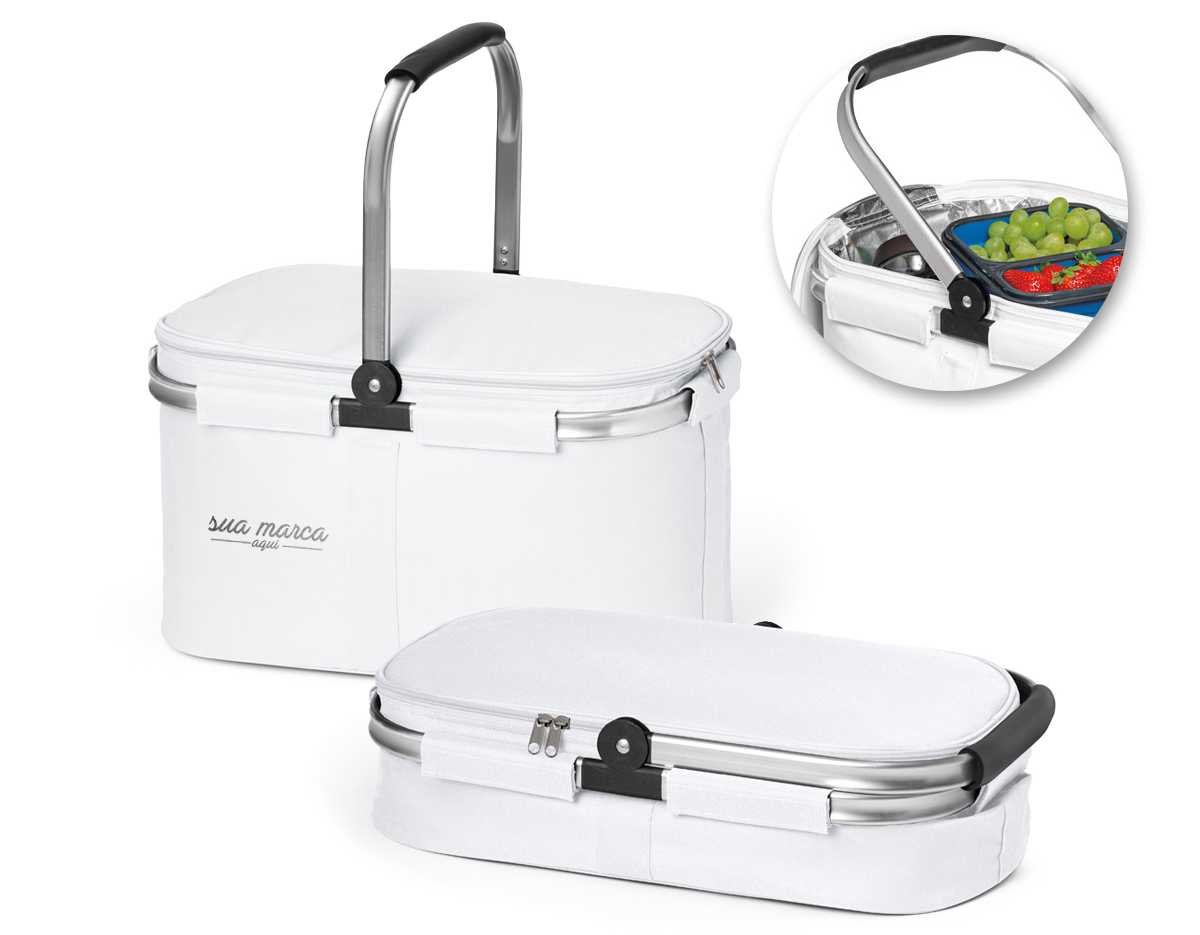 Bolsa térmica flexível em 600D com zíper duplo e interior forrado. Estrutura removível em alumínio, com pega ergonômica em EVA. Capacidade até 14L 460 x 270 x 250 mm