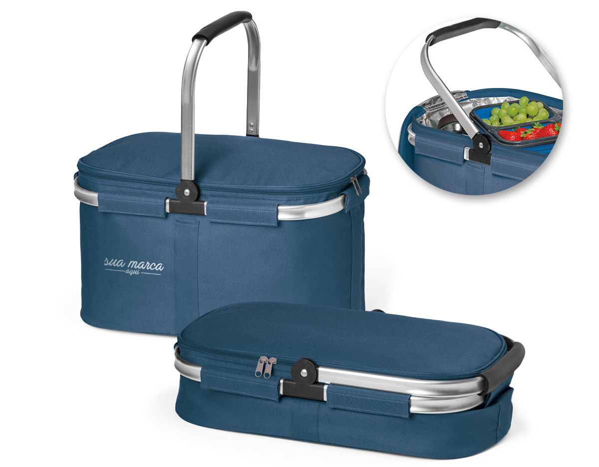 Bolsa térmica flexível em 600D com zíper duplo e interior forrado. Estrutura removível em alumínio, com pega ergonômica em EVA. Capacidade até 14L 460 x 270 x 250 mm