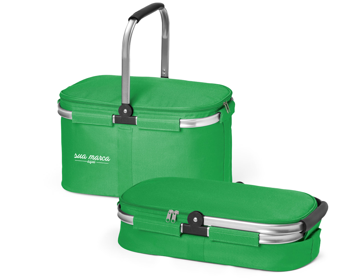 Bolsa térmica flexível em 600D com zíper duplo e interior forrado. Estrutura removível em alumínio, com pega ergonômica em EVA. Capacidade até 14L 460 x 270 x 250 mm