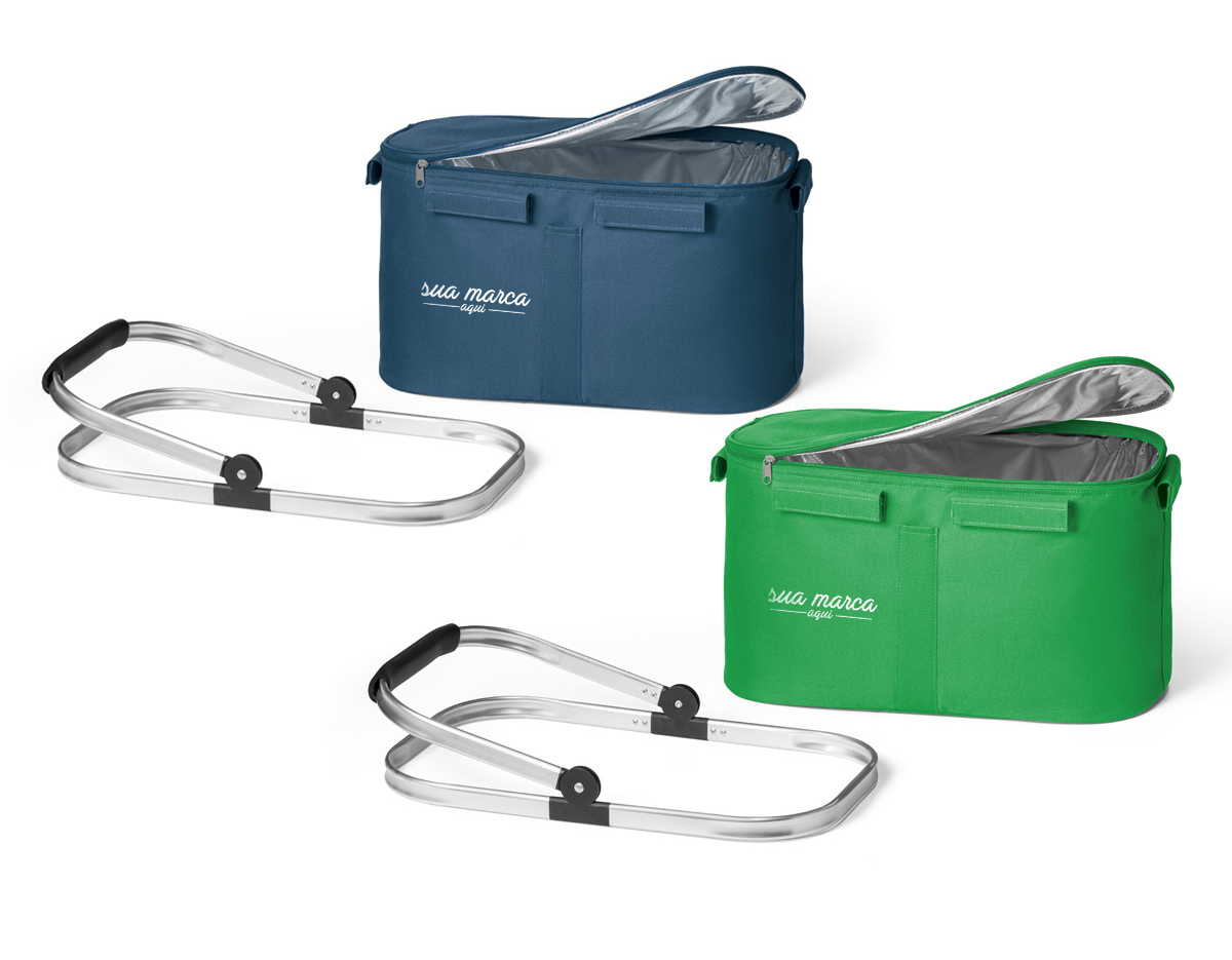 Bolsa térmica flexível em 600D com zíper duplo e interior forrado. Estrutura removível em alumínio, com pega ergonômica em EVA. Capacidade até 14L 460 x 270 x 250 mm