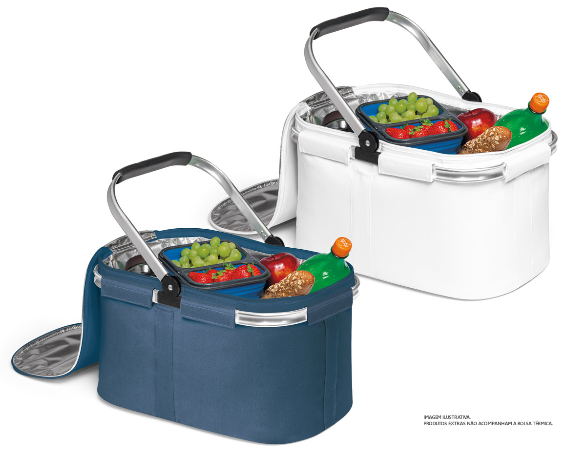 Bolsa térmica flexível em 600D com zíper duplo e interior forrado. Estrutura removível em alumínio, com pega ergonômica em EVA. Capacidade até 14L 460 x 270 x 250 mm