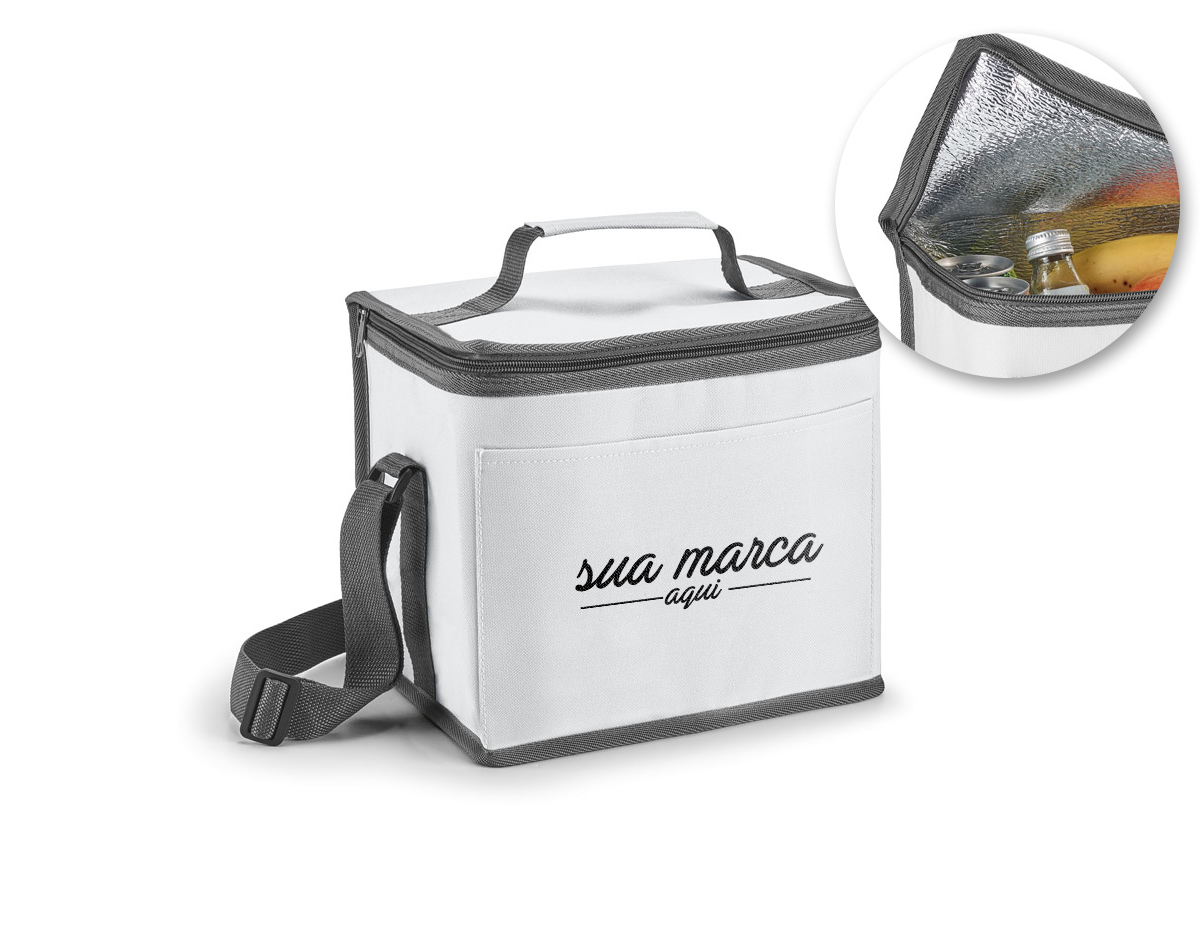 Bolsa térmica em 600D com alça ajustável em webbing, bolso frontal e capacidade até 9 litros. 240 x 220 x 170 mm