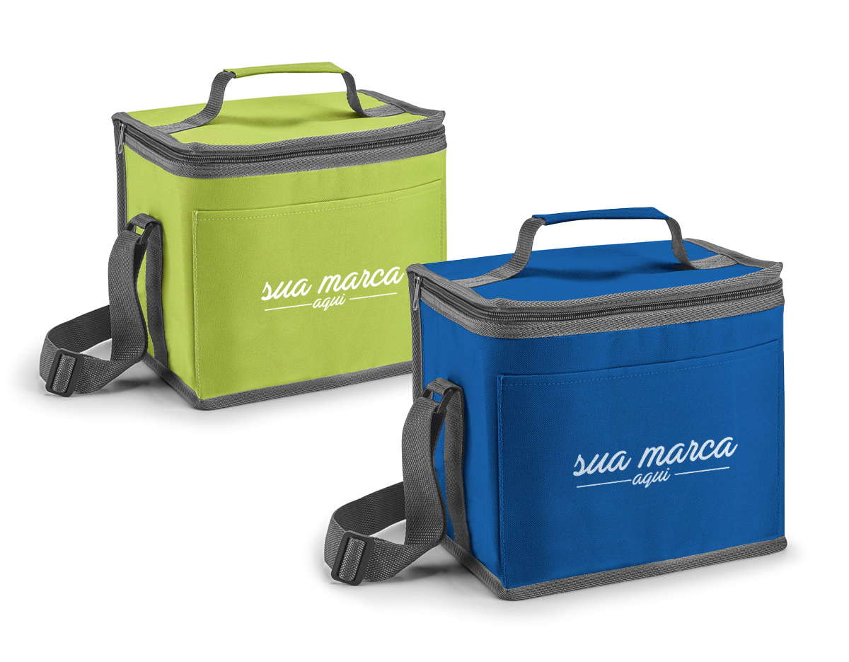 Bolsa térmica em 600D com alça ajustável em webbing, bolso frontal e capacidade até 9 litros. 240 x 220 x 170 mm