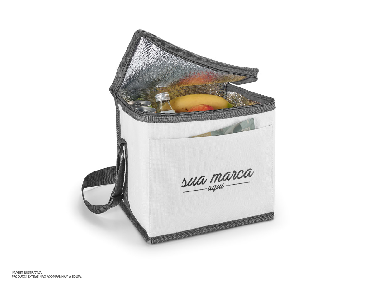 Bolsa térmica em 600D com alça ajustável em webbing, bolso frontal e capacidade até 9 litros. 240 x 220 x 170 mm
