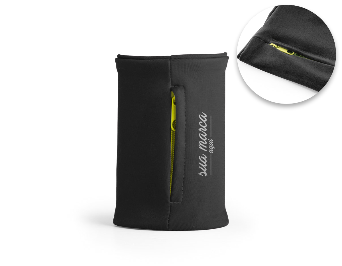 Punho elástico em poliéster com bolso com zíper, ideal para guardar bens de pequeno tamanho e usar durante a prática esportiva. 100 x 100 mm