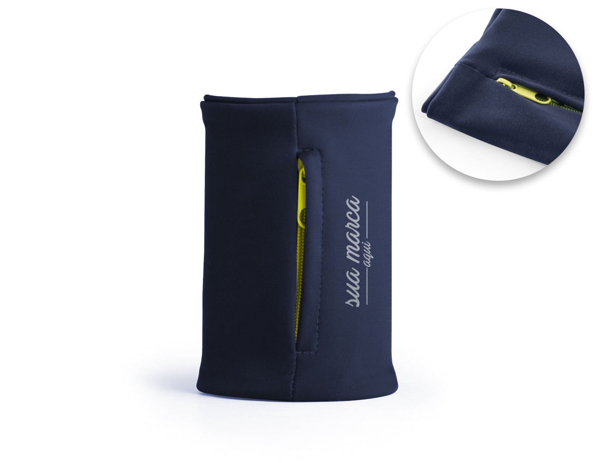 Punho elástico em poliéster com bolso com zíper, ideal para guardar bens de pequeno tamanho e usar durante a prática esportiva. 100 x 100 mm