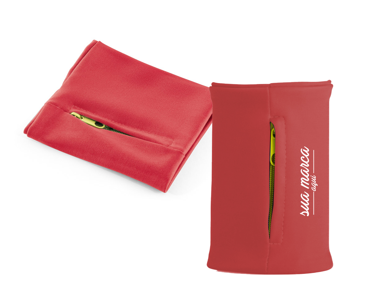 Punho elástico em poliéster com bolso com zíper, ideal para guardar bens de pequeno tamanho e usar durante a prática esportiva. 100 x 100 mm