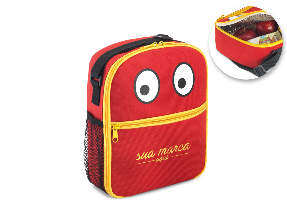 Bolsa térmica para criança em 600D com bolso frontal, fechamento em ziper e bolso lateral em rede. Contém alça ajustável em webbing e tem capacidade até 3 L.190 x 230 x 80 mm