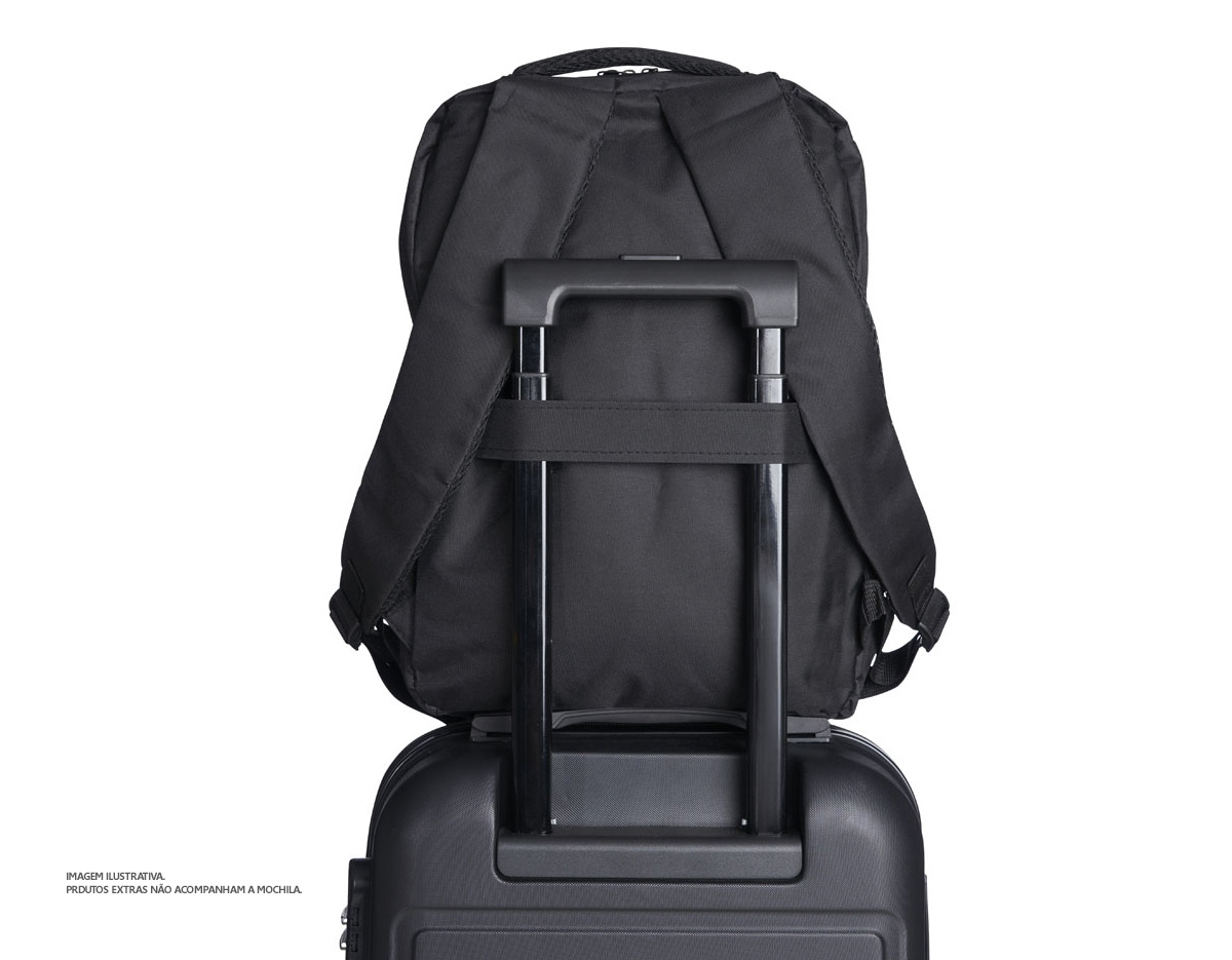  Mochila confeccionada em nylon com compartimento para notebook até 15,6 polegadas.