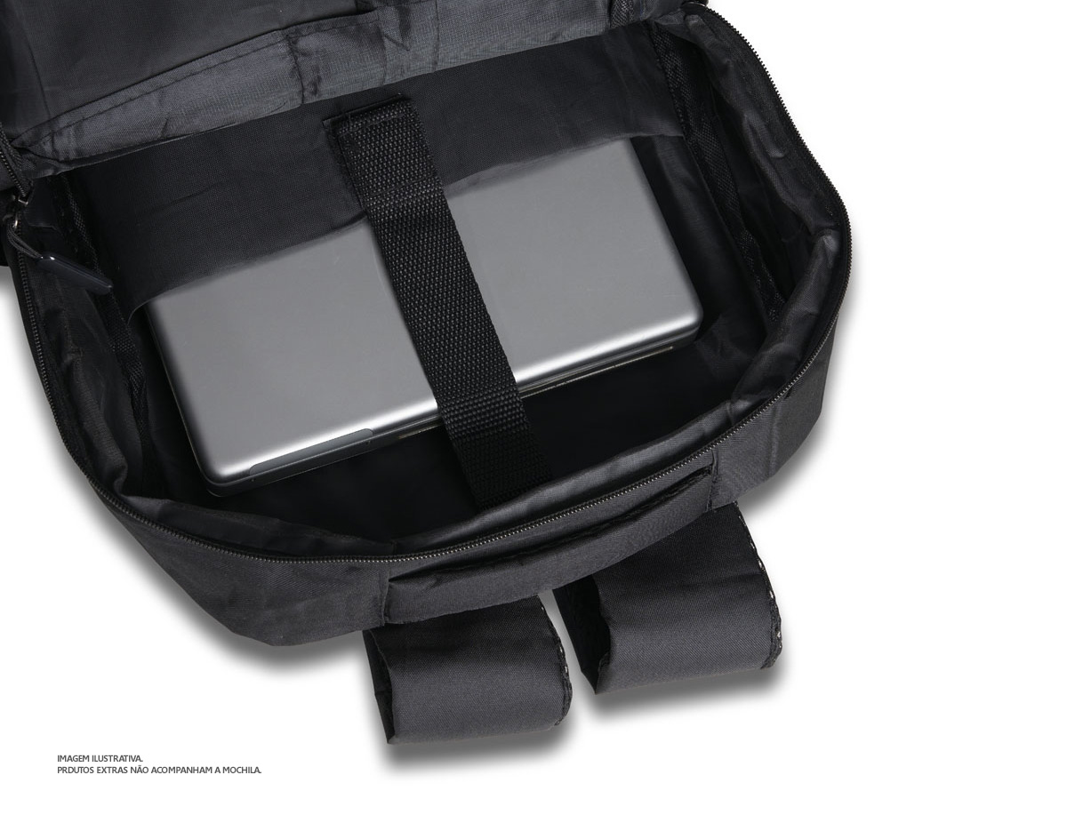  Mochila confeccionada em nylon com compartimento para notebook até 15,6 polegadas.