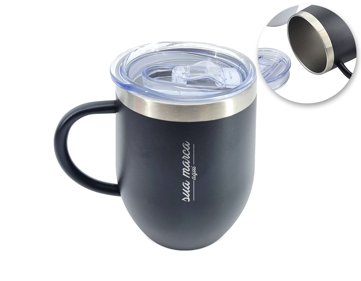 Caneca térmica de inox com capacidade de 350ml, material livre de BPA. Contém tampa acrílica com bocal e trava de segurança.