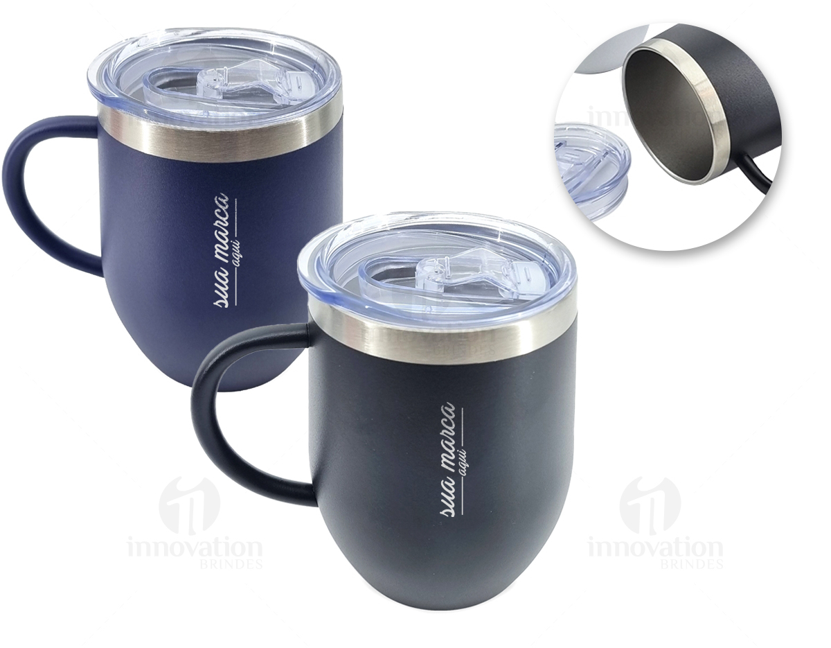 Caneca térmica de inox com capacidade de 350ml, material livre de BPA. Contém tampa acrílica com bocal e trava de segurança.