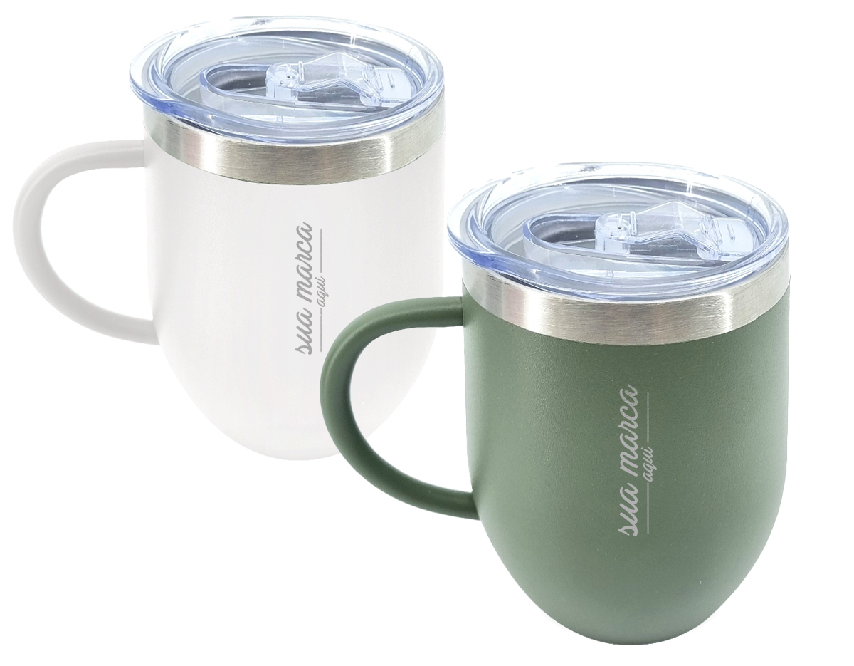 Caneca térmica de inox com capacidade de 350ml, material livre de BPA. Contém tampa acrílica com bocal e trava de segurança.