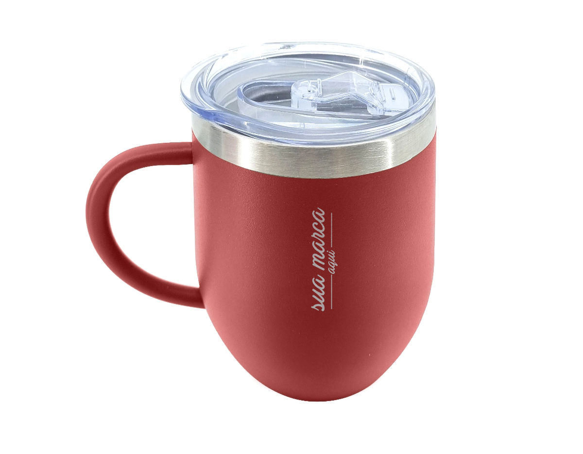 Caneca térmica de inox com capacidade de 350ml, material livre de BPA. Contém tampa acrílica com bocal e trava de segurança.