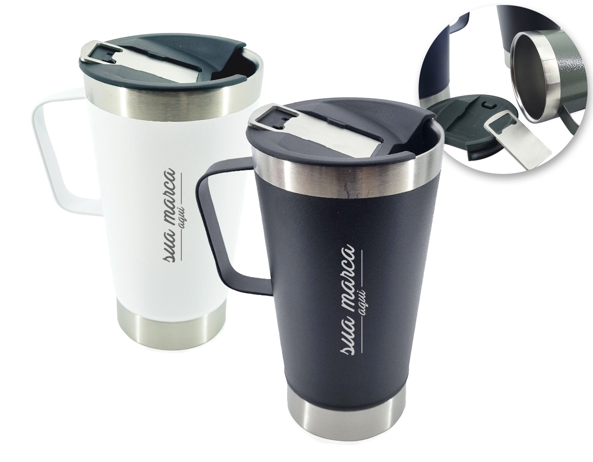 Caneca térmica de inox com capacidade para 550ml. Acompanha uma tampa de plástico e um abridor de garrafas. O abridor fica preso em um encaixe existente na tampa, porém é removível.