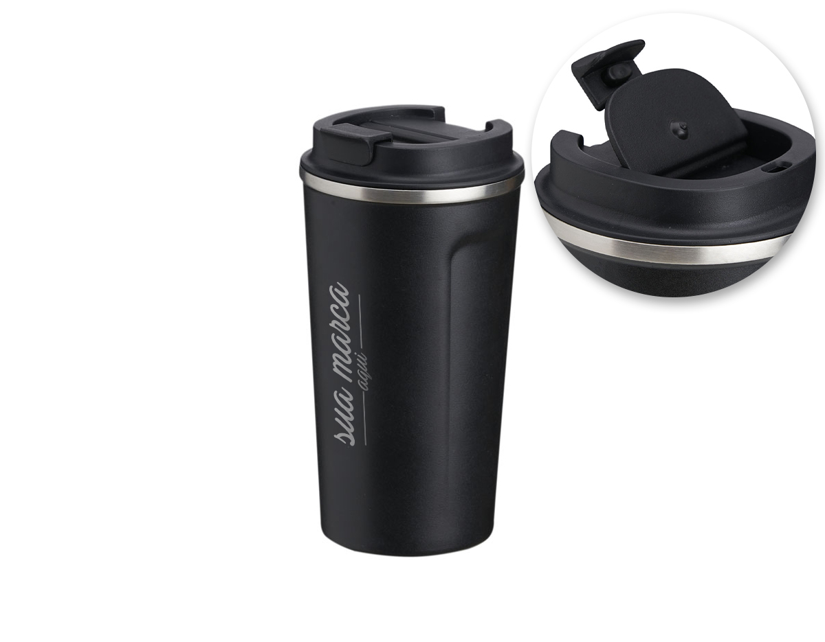 Copo térmico de inox 500ml com parede dupla, parte inferior com borracha antideslizante e tampa rosqueável com abertura de bocal.