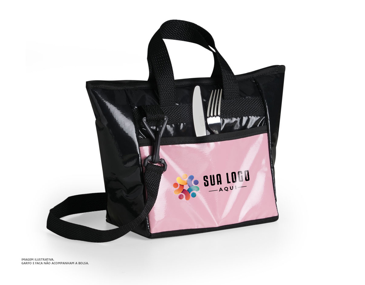 Bolsa térmica com capacidade para 7L feita de material sintético e plástico envernizado. Com fechamento em zíper e acompanha alças de mão e para uso transversal. Possui um bolso sem fechamento externo e um bolso interno.