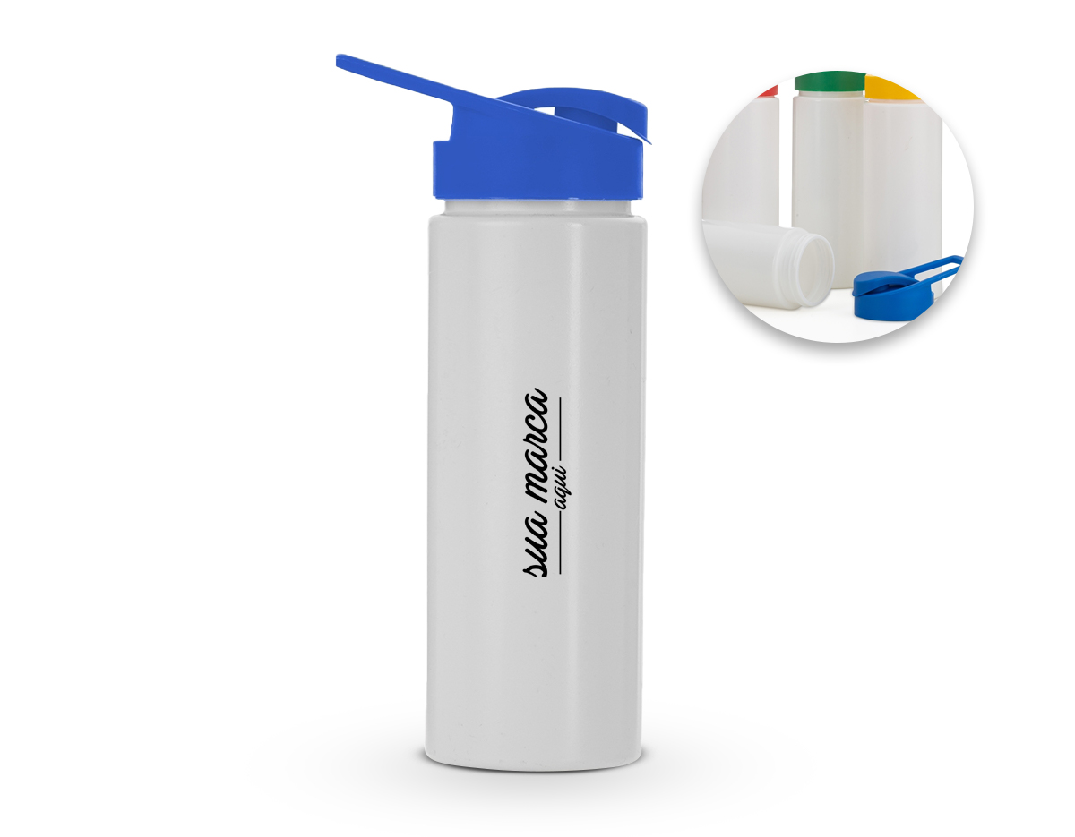 Squeeze de polietileno 550ml com tampa plástica rosqueável, contém alça e tampa protetora para o bocal.				