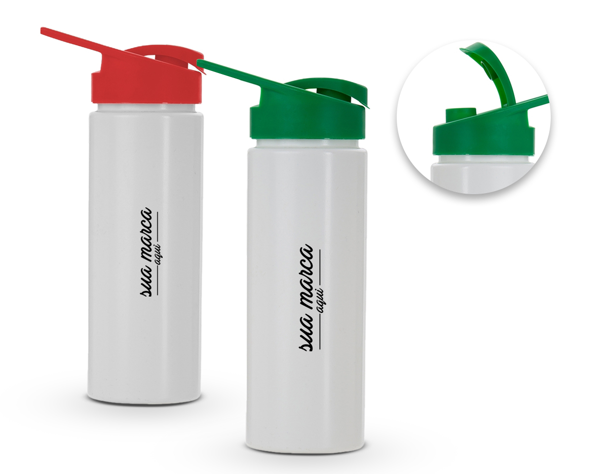 Squeeze de polietileno 550ml com tampa plástica rosqueável, contém alça e tampa protetora para o bocal.				