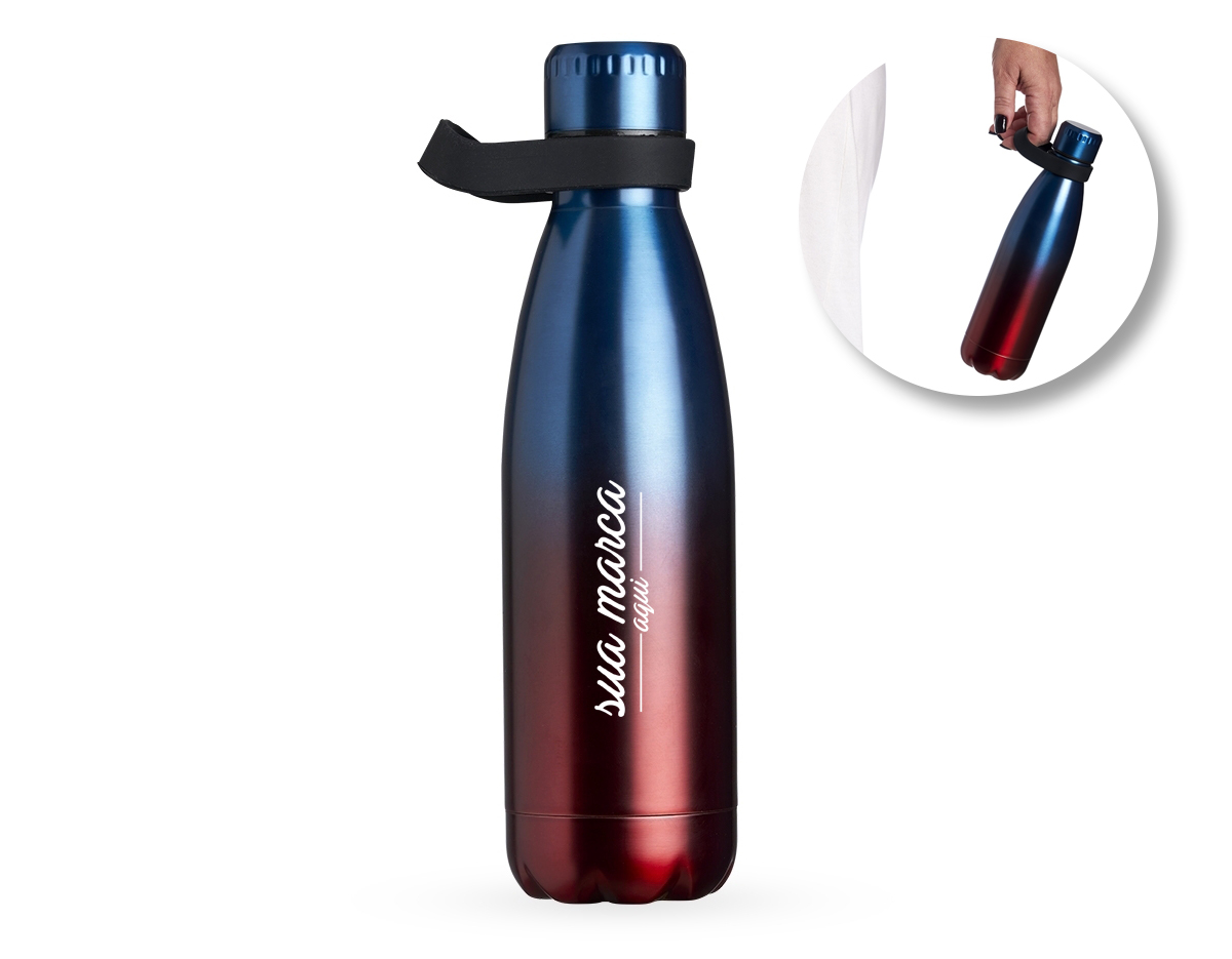 Garrafa térmica em Inox com parede dupla. Capacidade para 510ml. Acompanha tampa com vedação a prova de vazamento e alça de silicone para transporte.
