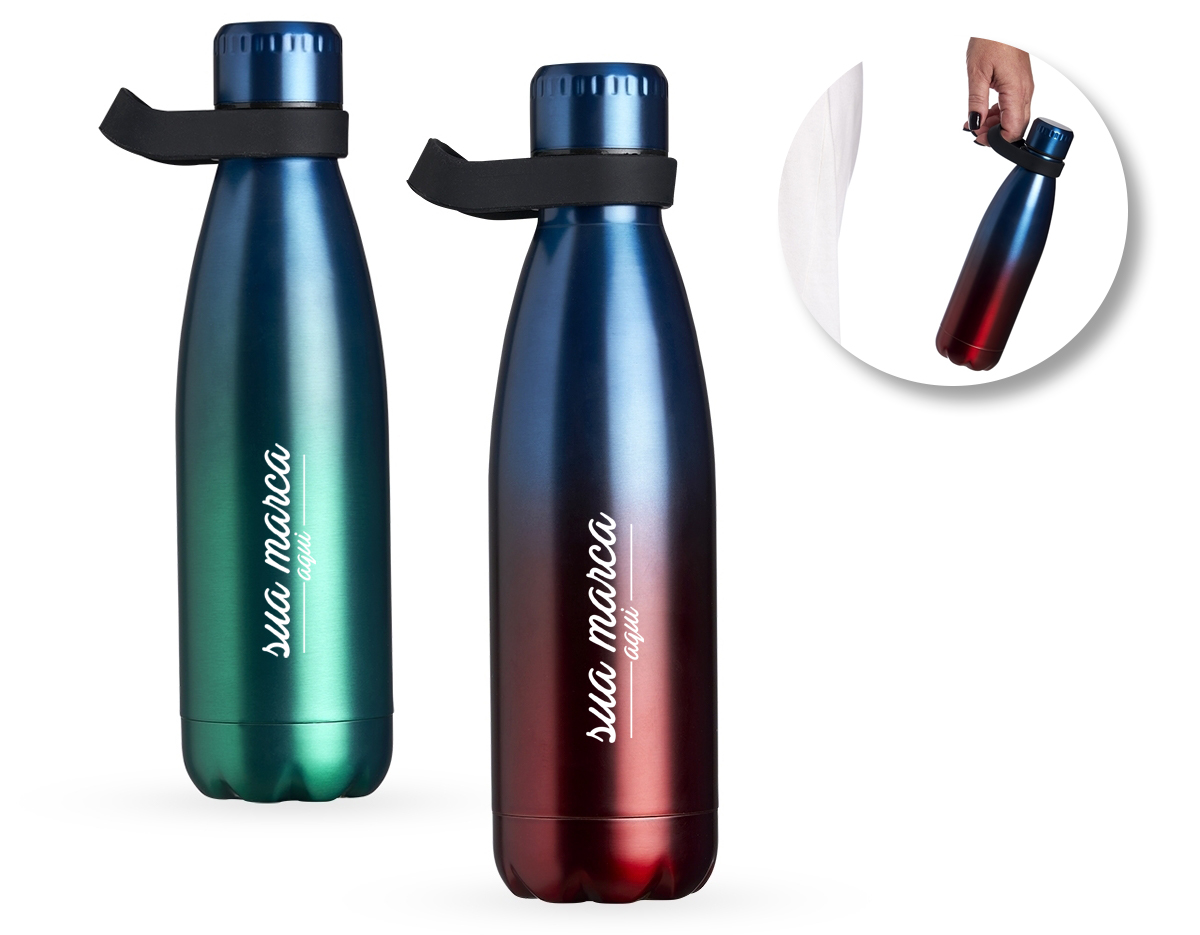 Garrafa térmica em Inox com parede dupla. Capacidade para 510ml. Acompanha tampa com vedação a prova de vazamento e alça de silicone para transporte.