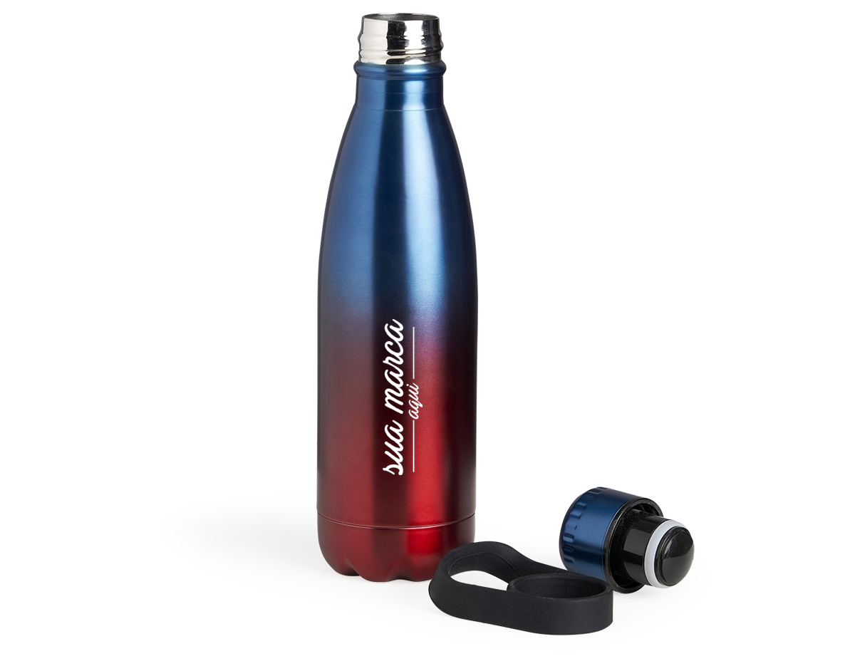 Garrafa térmica em Inox com parede dupla. Capacidade para 510ml. Acompanha tampa com vedação a prova de vazamento e alça de silicone para transporte.