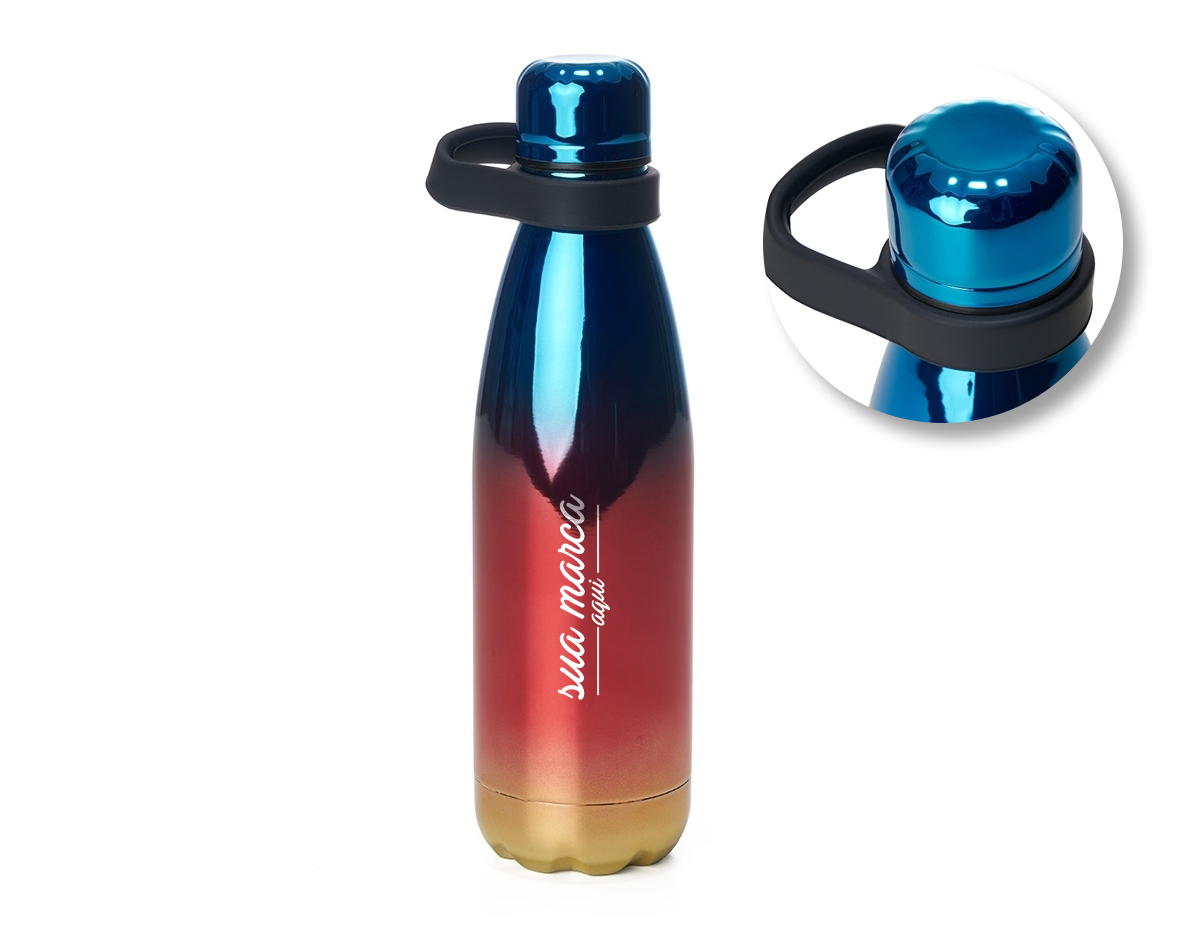 Garrafa térmica em Inox com parede dupla. Capacidade para 510ml. Acompanha tampa com vedação a prova de vazamento e alça de silicone para transporte.