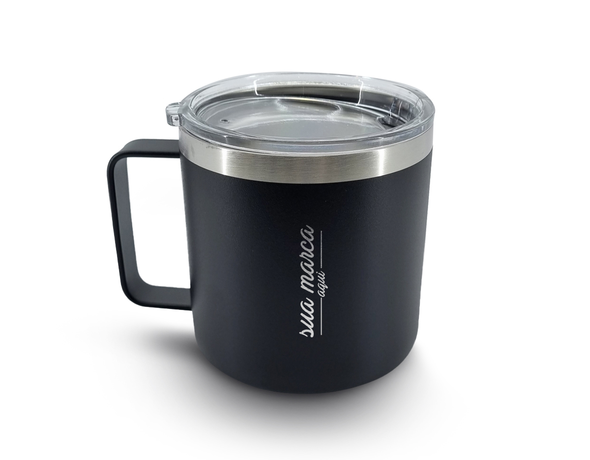 Caneca térmica de inox 450ml com parede dupla e tampa com acesso ao bocal.