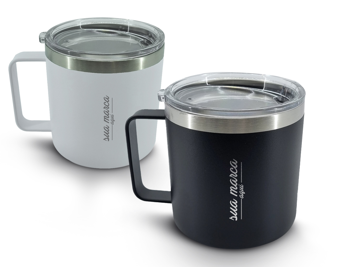 Caneca térmica de inox 450ml com parede dupla e tampa com acesso ao bocal.