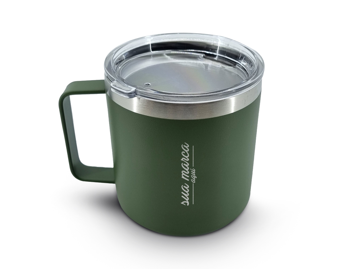 Caneca térmica de inox 450ml com parede dupla e tampa com acesso ao bocal.