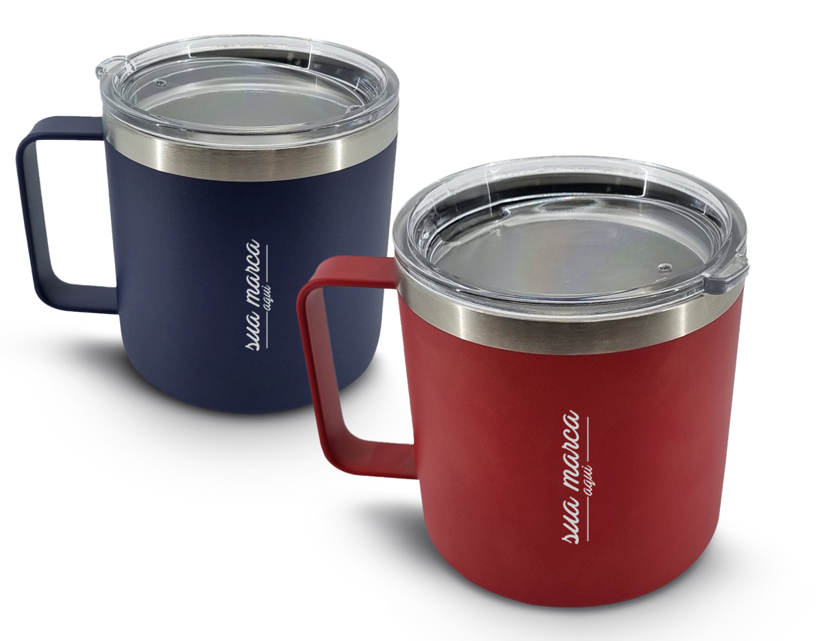 Caneca térmica de inox 450ml com parede dupla e tampa com acesso ao bocal.