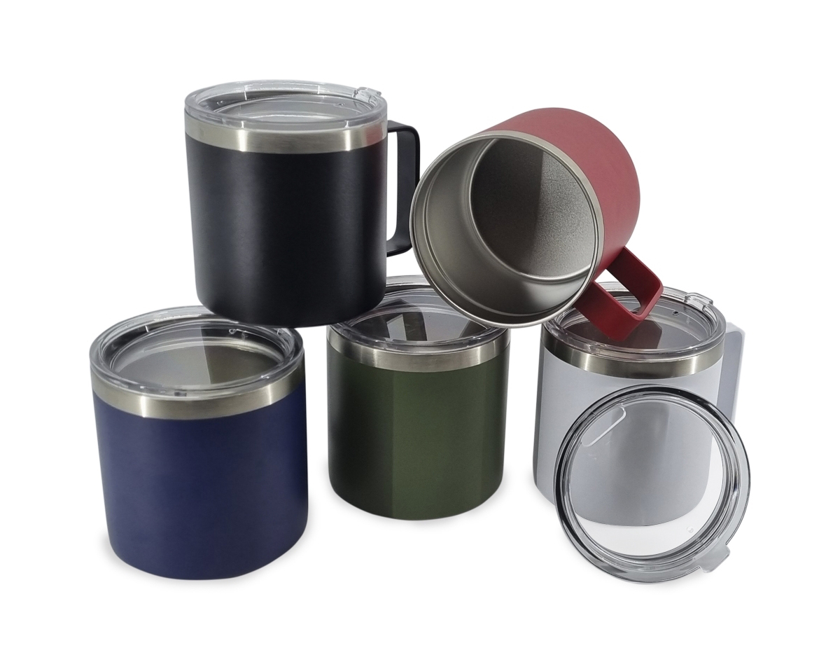 Caneca térmica de inox 450ml com parede dupla e tampa com acesso ao bocal.