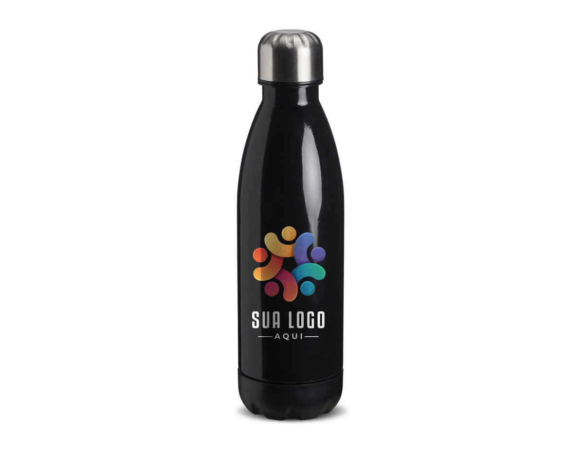 Garrafa de plástico com capacidade para 700ml, possui uma tampa de alumínio com rosca.