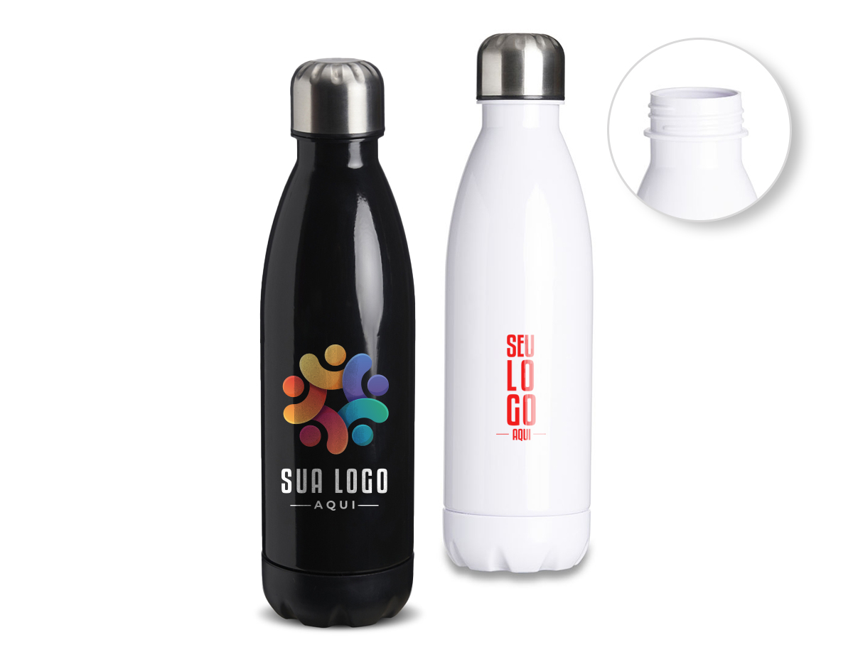 Garrafa de plástico com capacidade para 700ml, possui uma tampa de alumínio com rosca.