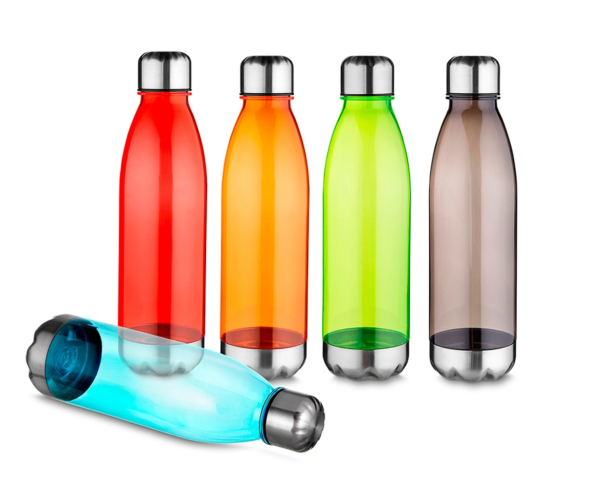 Squeeze plástico 700ml formato garrafa. Corpo transparente colorido, possui tampa e base em alumínio.