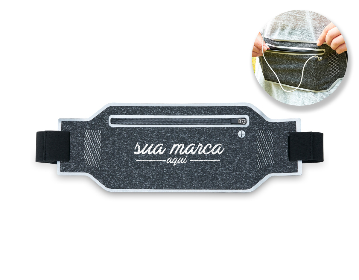 Pochete anti-furto esportiva. Confeccionada em lycra impermeável, a pochete possui um formato slim que permite a utilização por dentro da roupa sem causar volume, aumentando a possibilidade de não ter seus pertences furtados. Ideal para práticas esportivas, a pochete possui saída para fone de ouvido, cinta elástica ajustável com fivelas, saídas laterais para circulação de ar e contornos reflexivos. Contém um zíper selado que impossibilitada a infiltração de água, seu compartimento interno possui uma divisória para separação do celular e itens que possam vir à riscá-los.