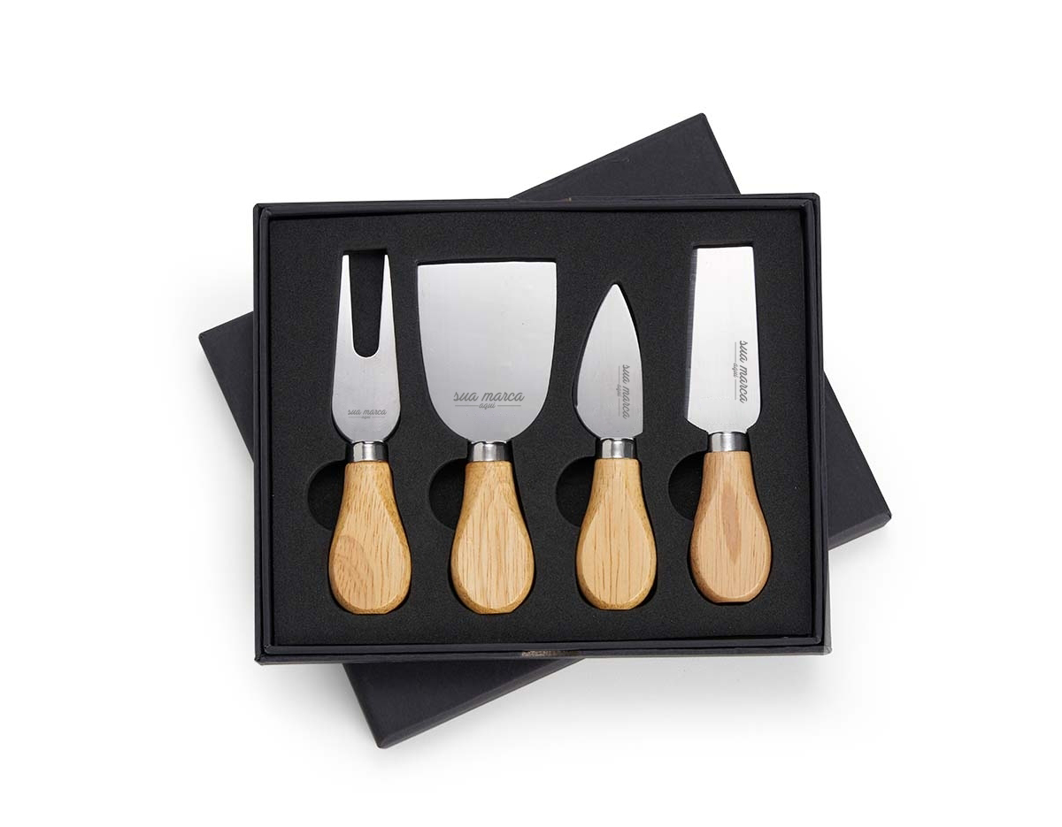 Kit queijo 4 peças em estojo de papelão com berço de espuma, contém: faca com ponta, faca reta, garfo e espátula