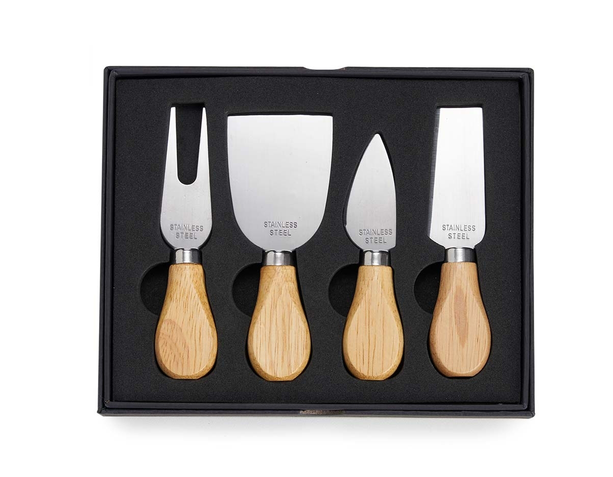 Kit queijo 4 peças em estojo de papelão com berço de espuma, contém: faca com ponta, faca reta, garfo e espátula