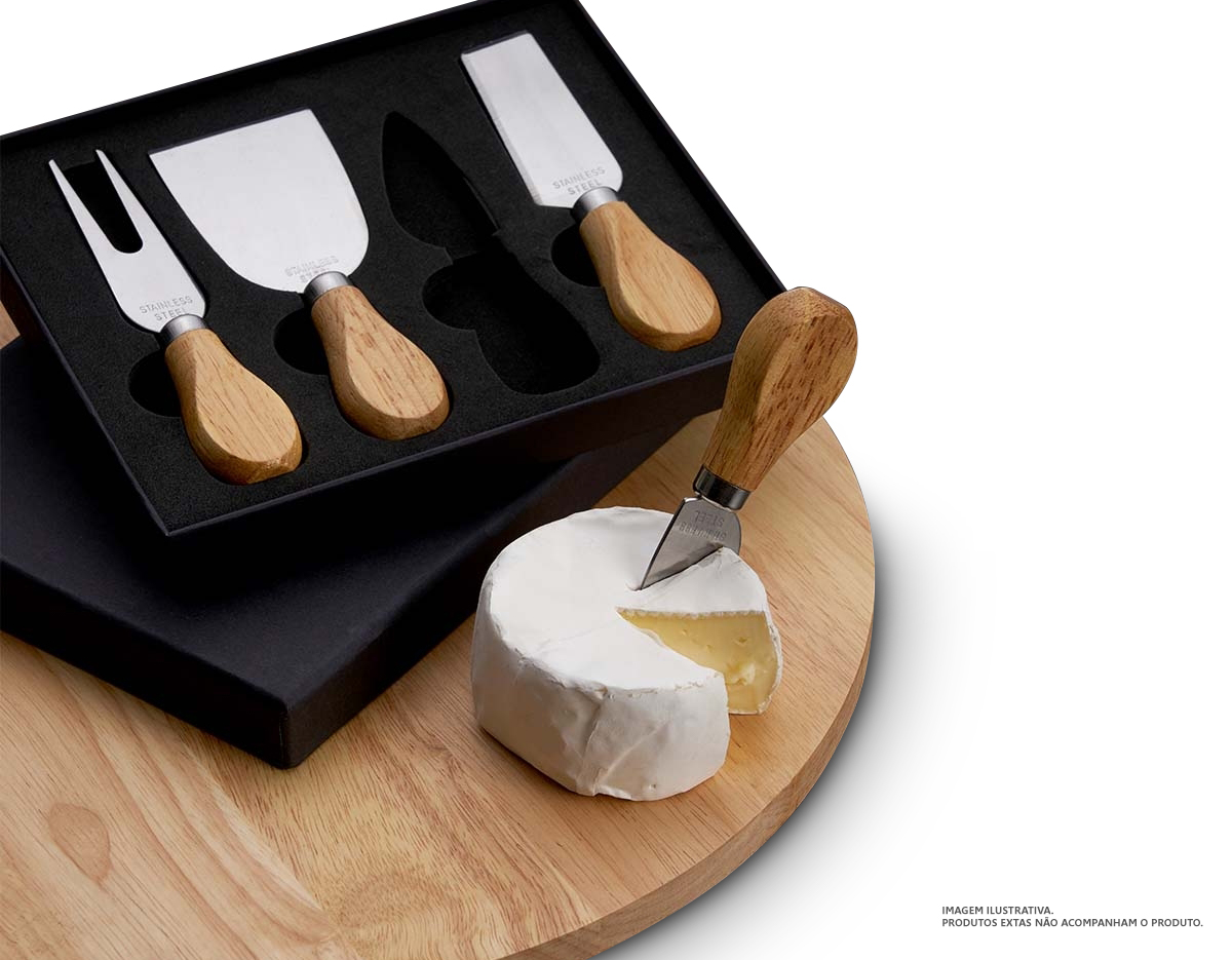 Kit queijo 4 peças em estojo de papelão com berço de espuma, contém: faca com ponta, faca reta, garfo e espátula