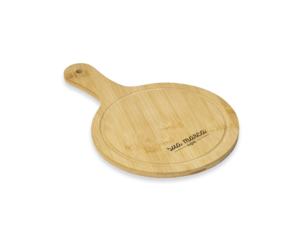 Tábua de bambu pequena com canaleta e cabo.