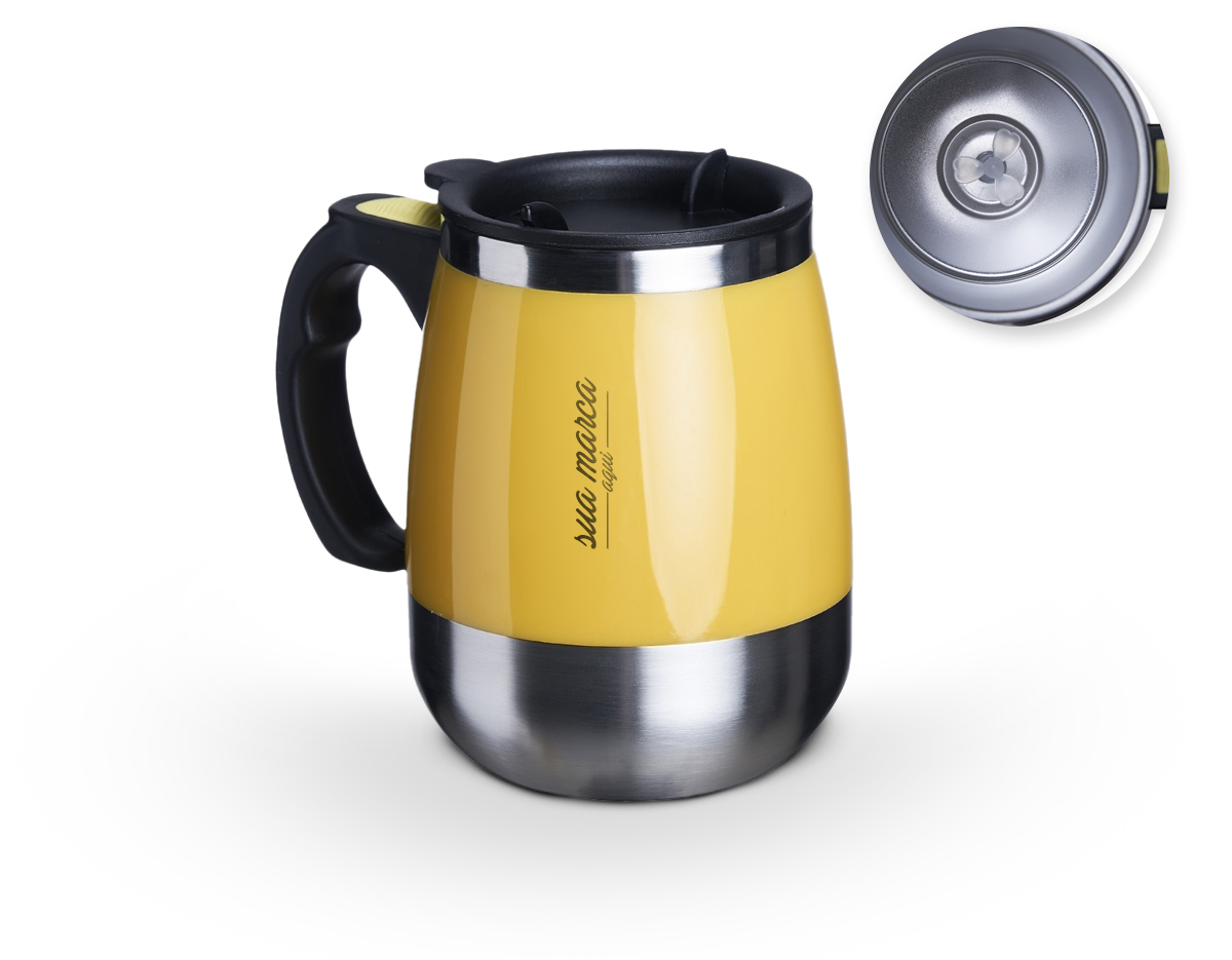 Caneca de inox com misturador de bebida, feita em parede dupla com capacidade de 350ml. Contém tampa plástica com bocal e trava de segurança. Para o funcionamento, utiliza-se duas pilhas AAA (não acompanha).