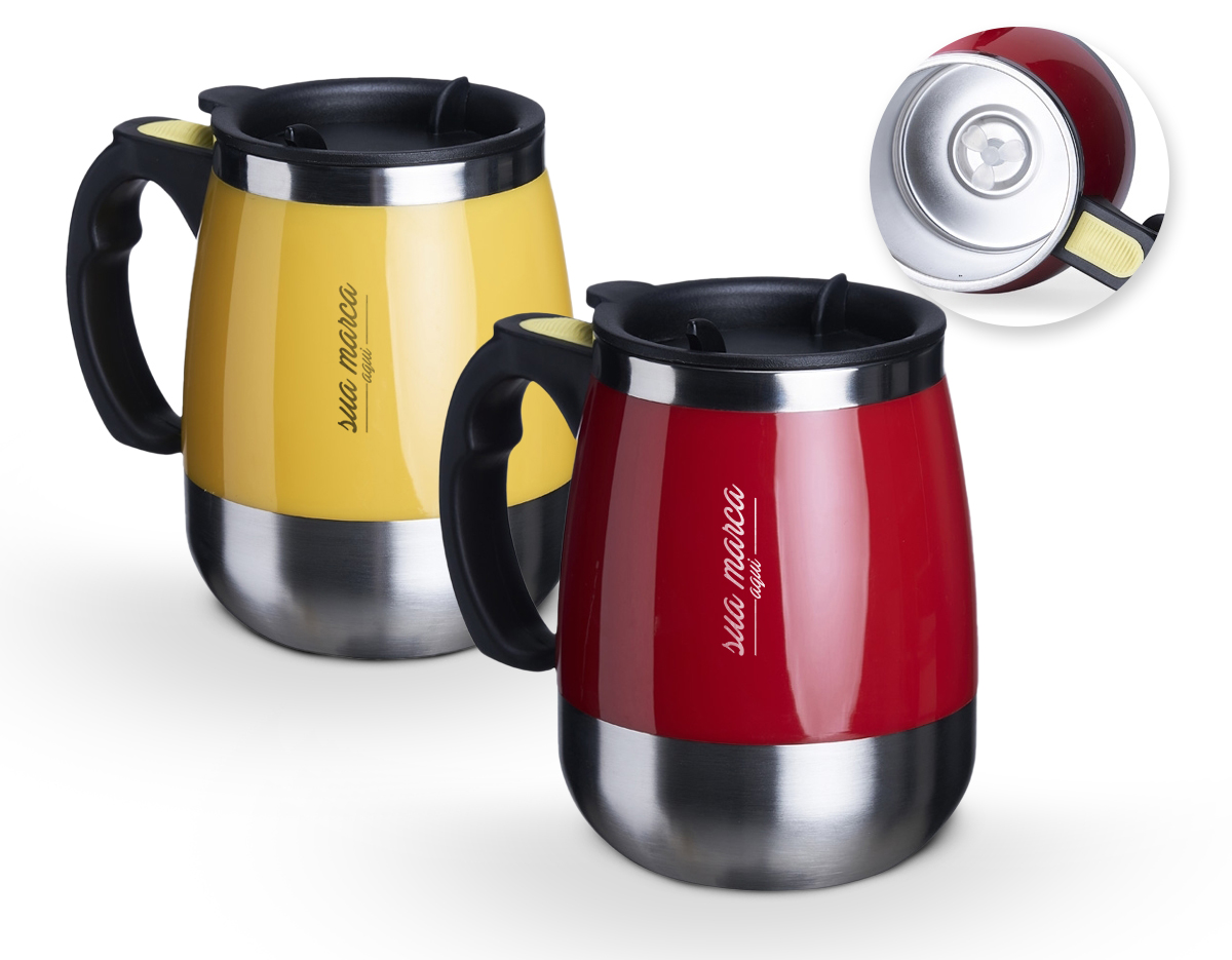 Caneca de inox com misturador de bebida, feita em parede dupla com capacidade de 350ml. Contém tampa plástica com bocal e trava de segurança. Para o funcionamento, utiliza-se duas pilhas AAA (não acompanha).