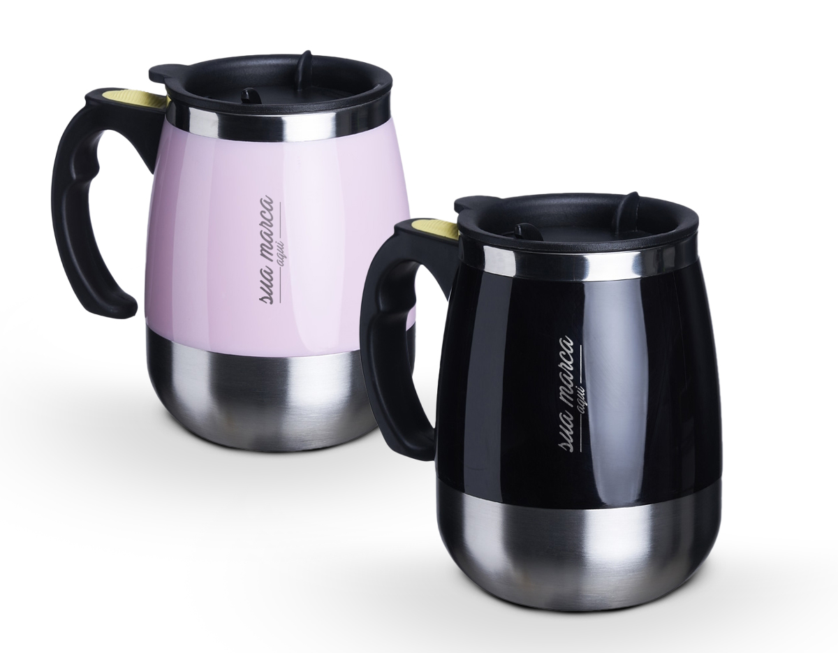Caneca de inox com misturador de bebida, feita em parede dupla com capacidade de 350ml. Contém tampa plástica com bocal e trava de segurança. Para o funcionamento, utiliza-se duas pilhas AAA (não acompanha).