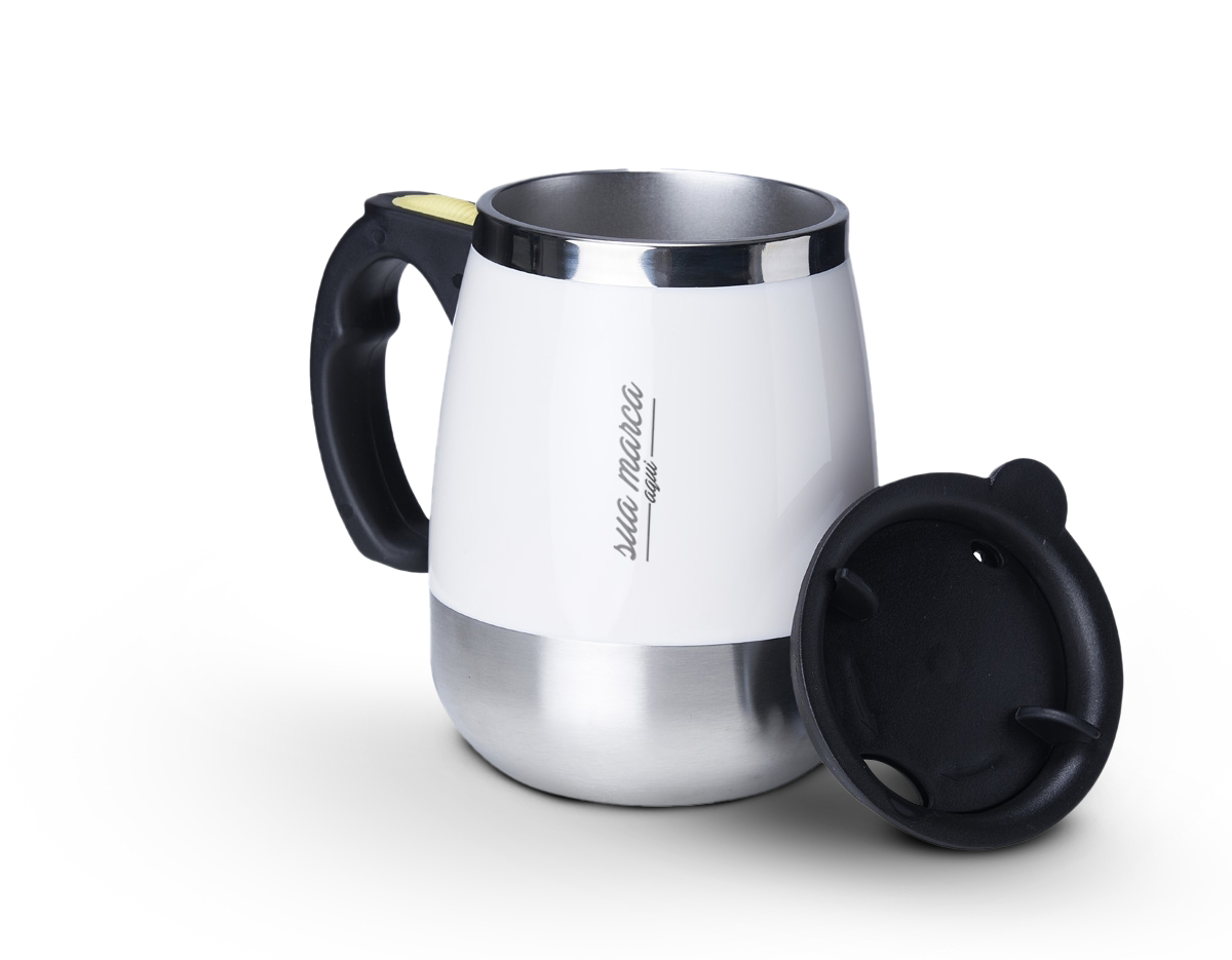 Caneca de inox com misturador de bebida, feita em parede dupla com capacidade de 350ml. Contém tampa plástica com bocal e trava de segurança. Para o funcionamento, utiliza-se duas pilhas AAA (não acompanha).