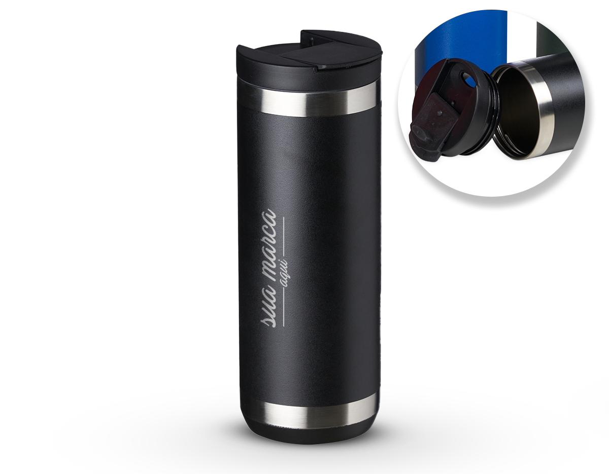 Copo térmico de inox , feito de parede dupla com capacidade para 550ml. Contém tampa plástica com bocal e trava de segurança.