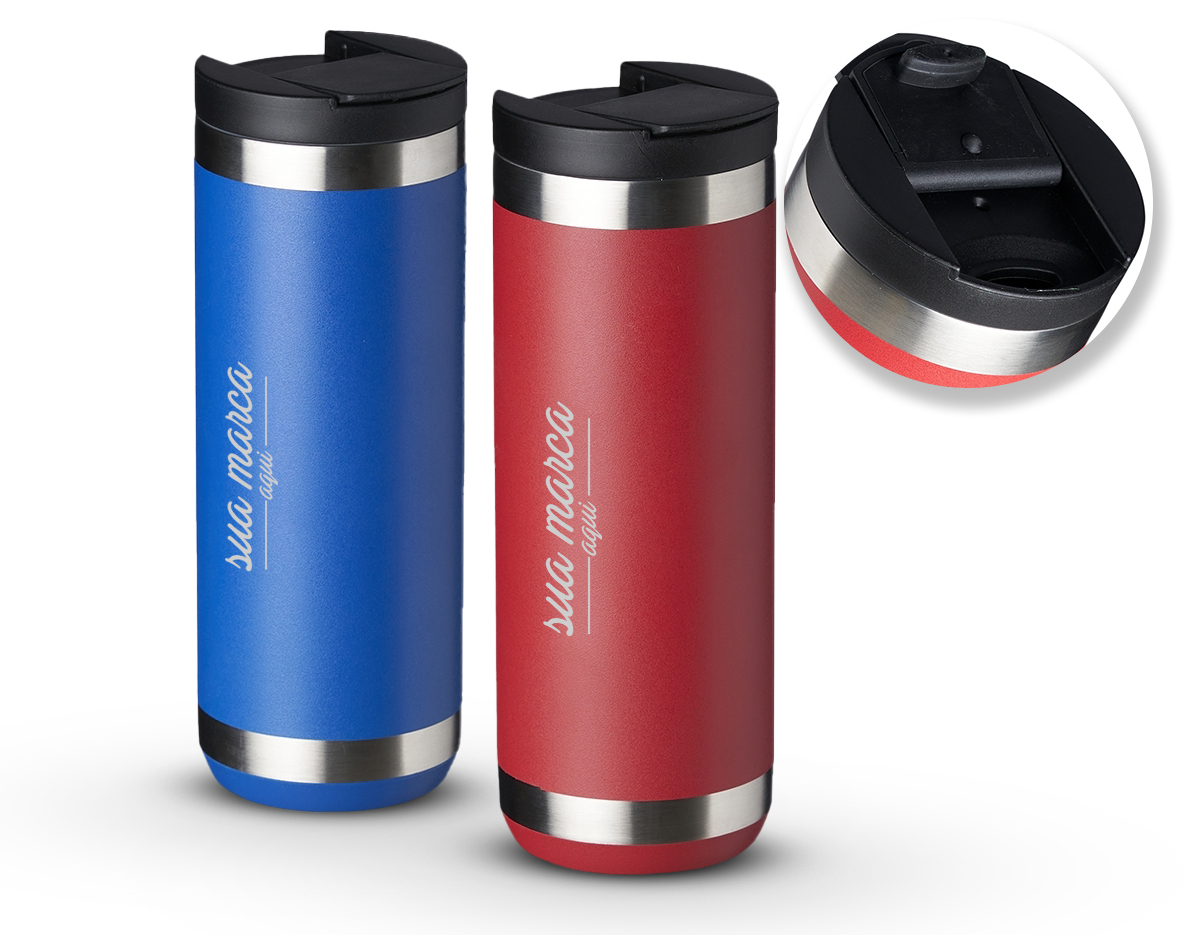 Copo térmico de inox , feito de parede dupla com capacidade para 550ml. Contém tampa plástica com bocal e trava de segurança.