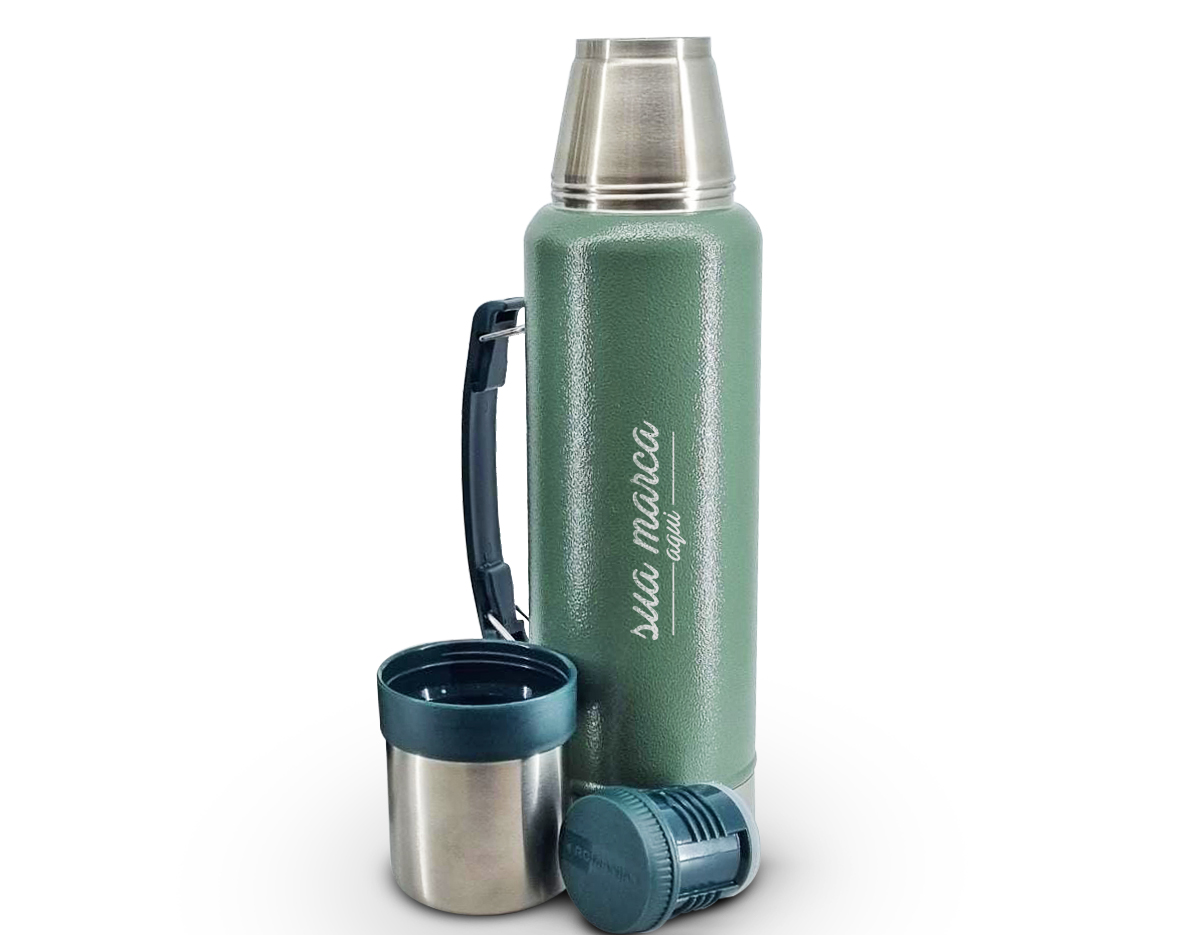 Garrafa térmica de inox livre de BPA com capacidade de 1,4 litro. Contém alça para transporte e pintura texturizada.