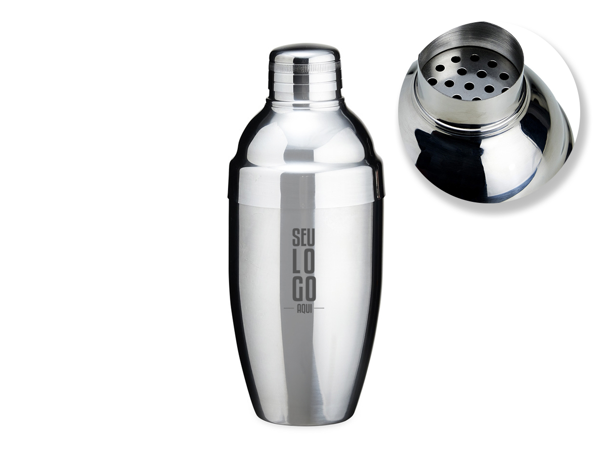 Coqueteleira de inox com capacidade para 600ml, contém tampa de pressão com peneira e tampa protetora.