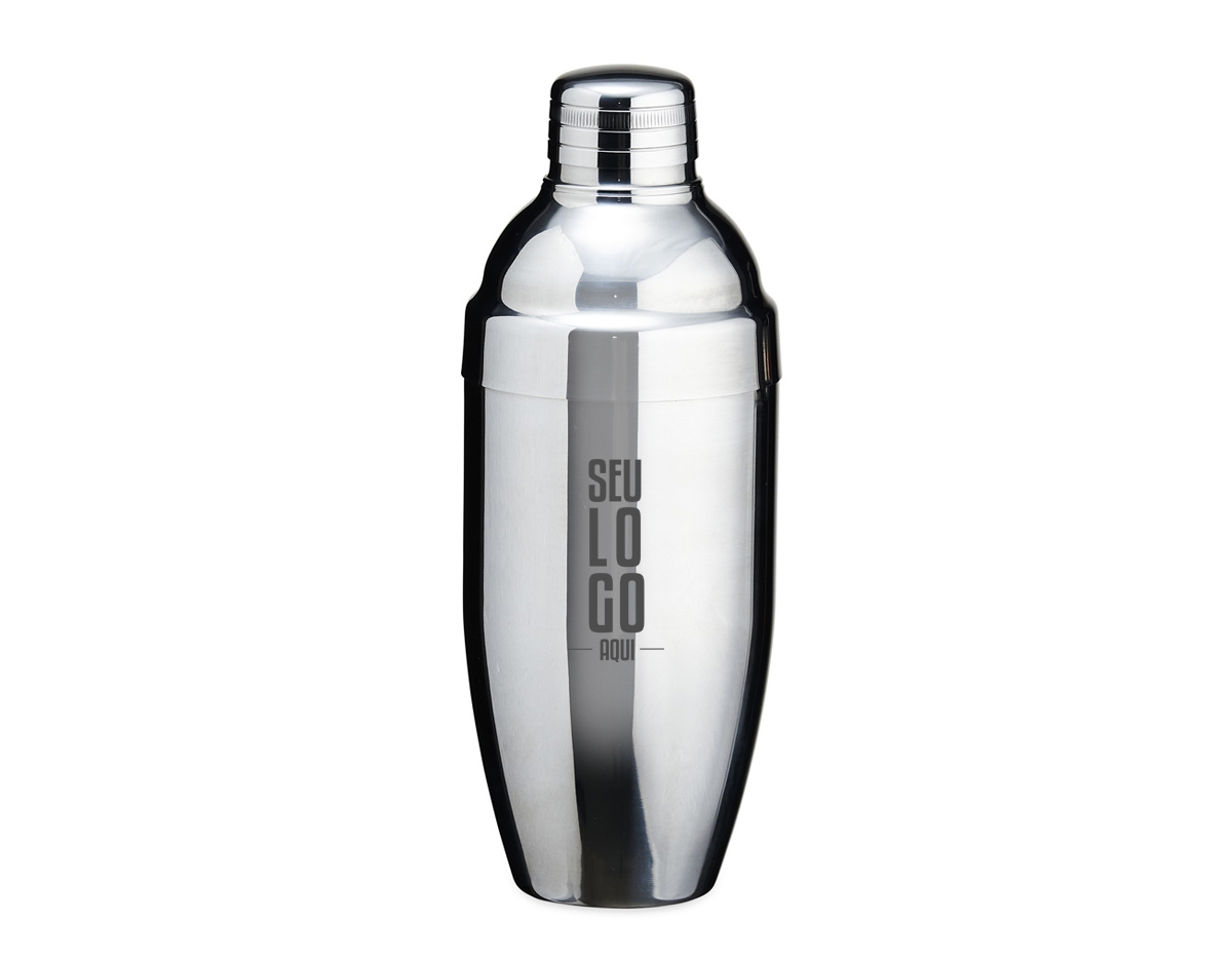 Coqueteleira de inox com capacidade para 750ml, contém tampa de pressão com peneira e tampa protetora.