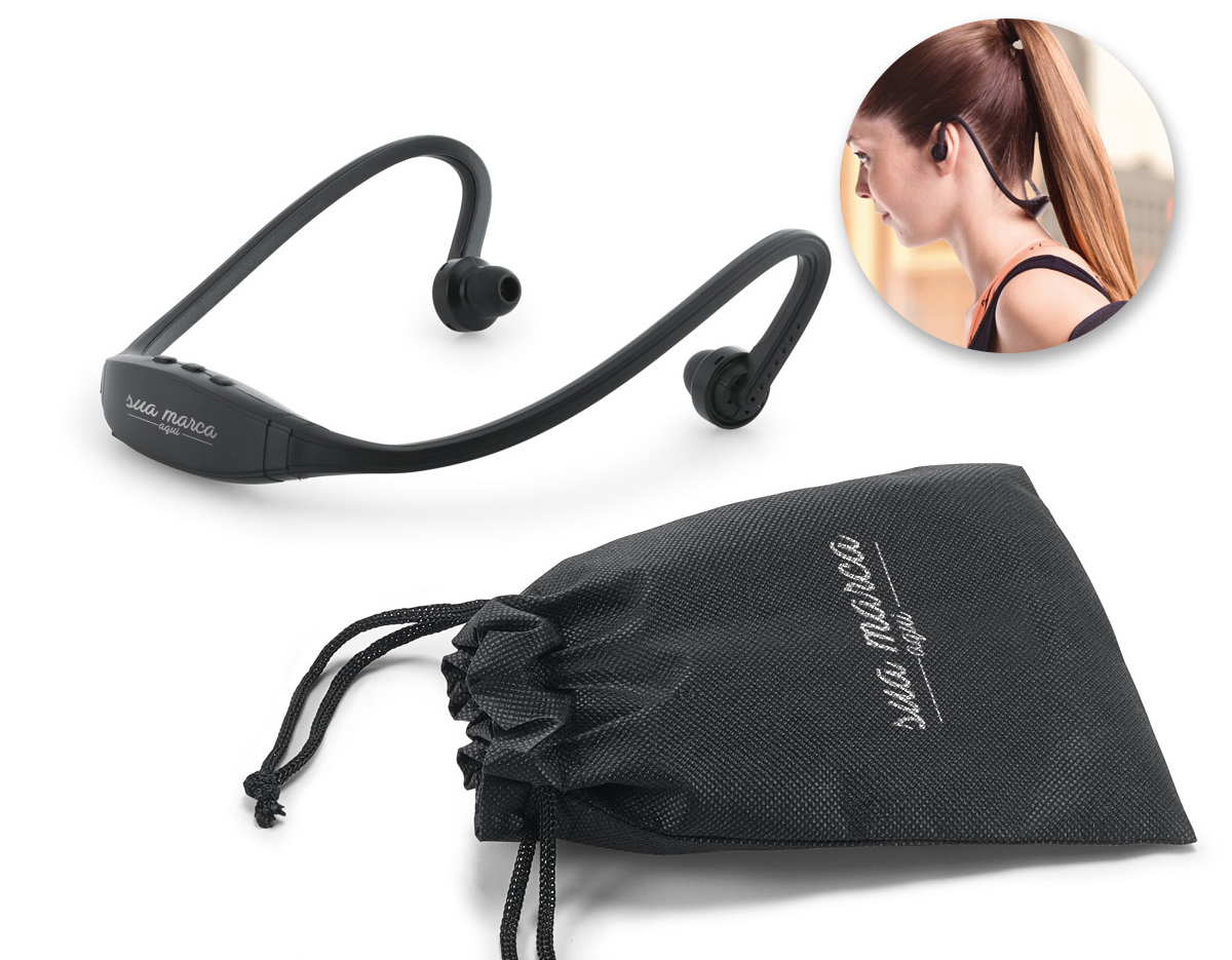 Fone de ouvido desportivo em ABS e silicone com transmissão por bluetooth. Autonomia até 3 h. Função para atender chamadas e conexão à playlist do dispositivo móvel. Incluso cabo micro USB para carregar. Fornecido com bolsa em non-woven